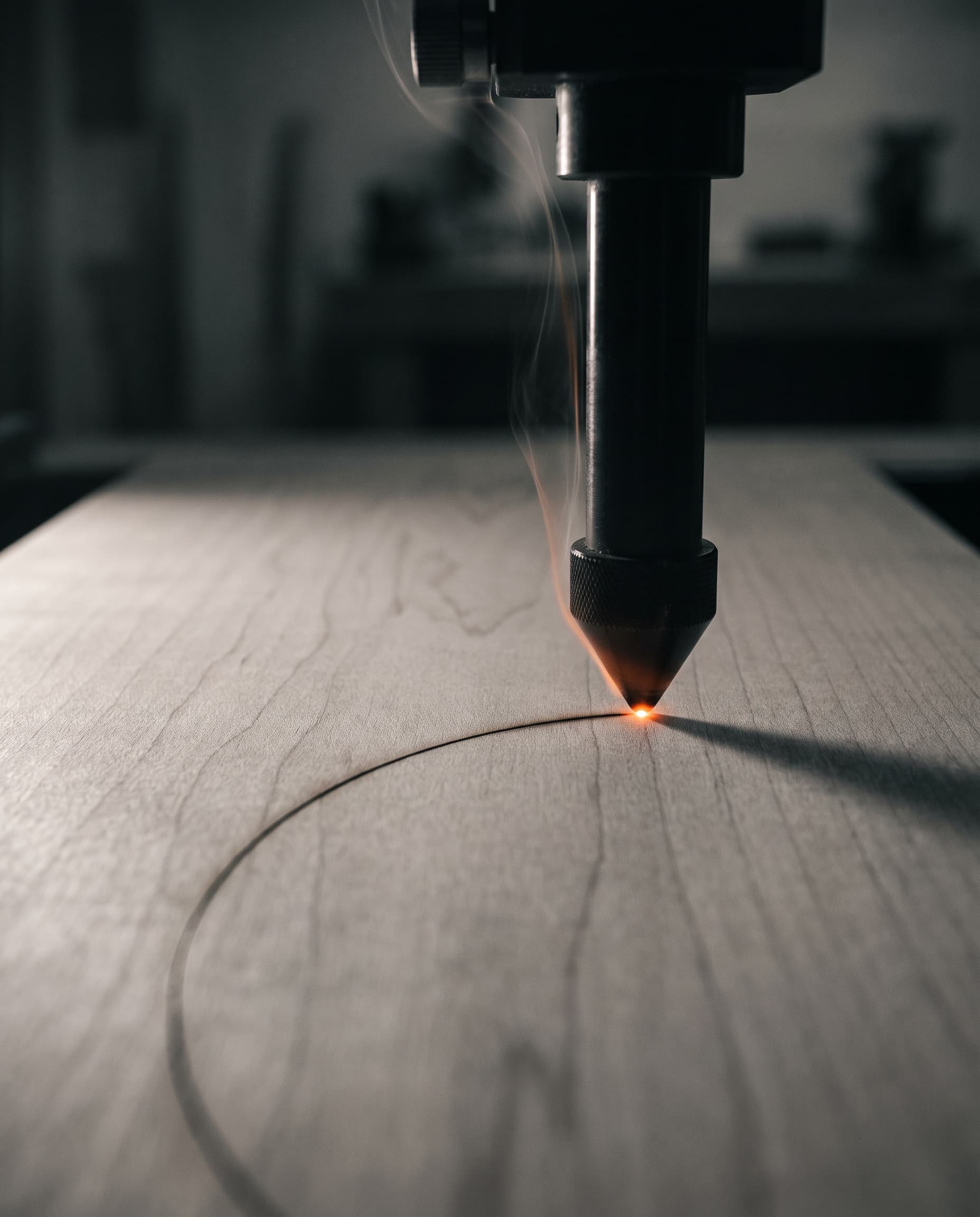 Laserkopf über einer hellen Holzplatte, an der Spitze glüht der Laserpunkt und brennt eine feine Linie ins Holz