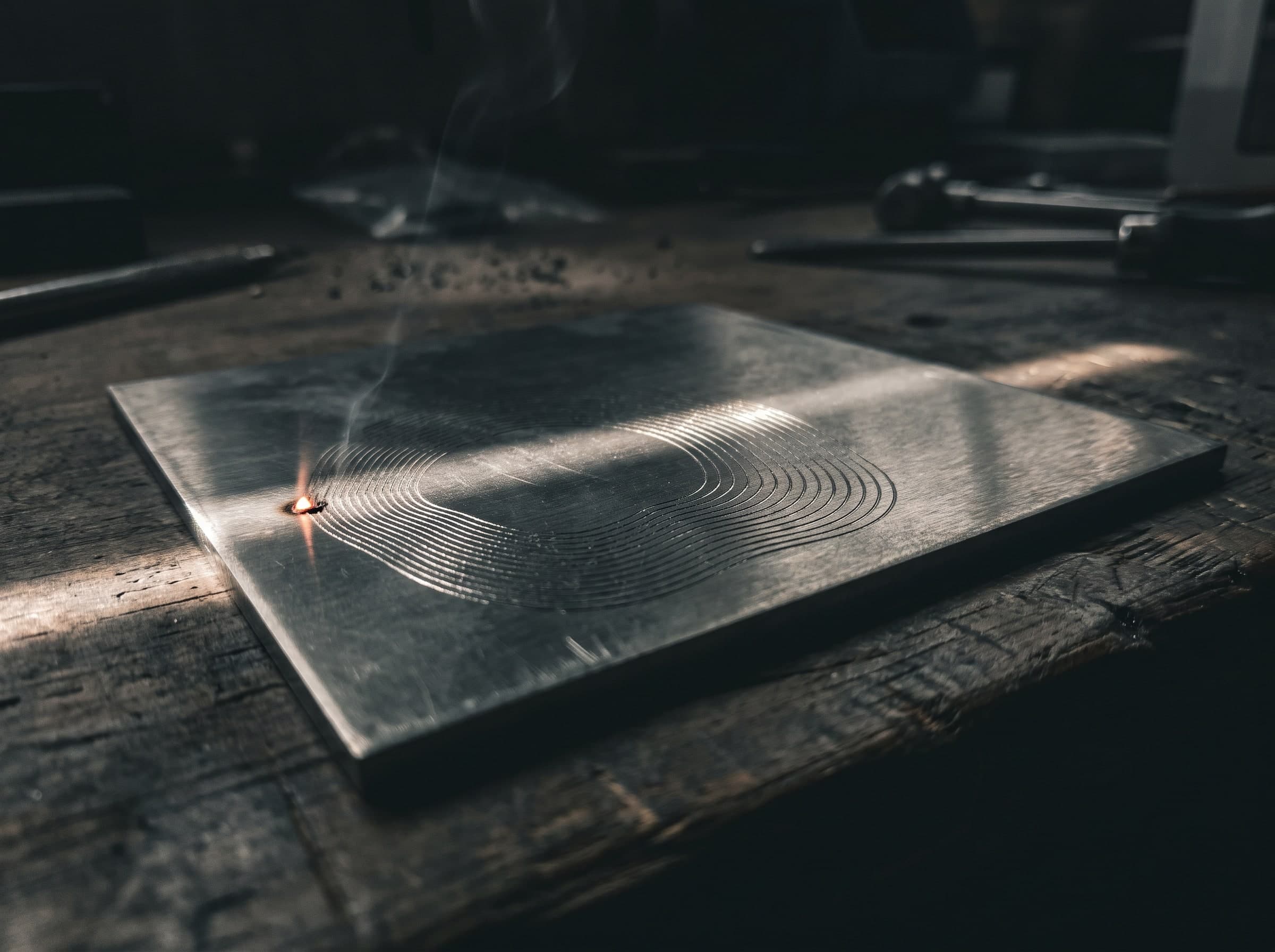 Glänzende Metallplatte mit eingravierten, ineinanderliegenden Linien, an einer Stelle glüht der Laserpunkt
